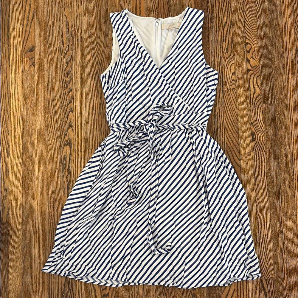 LOFT Blue and White Sleeveless V-Neck Sundress